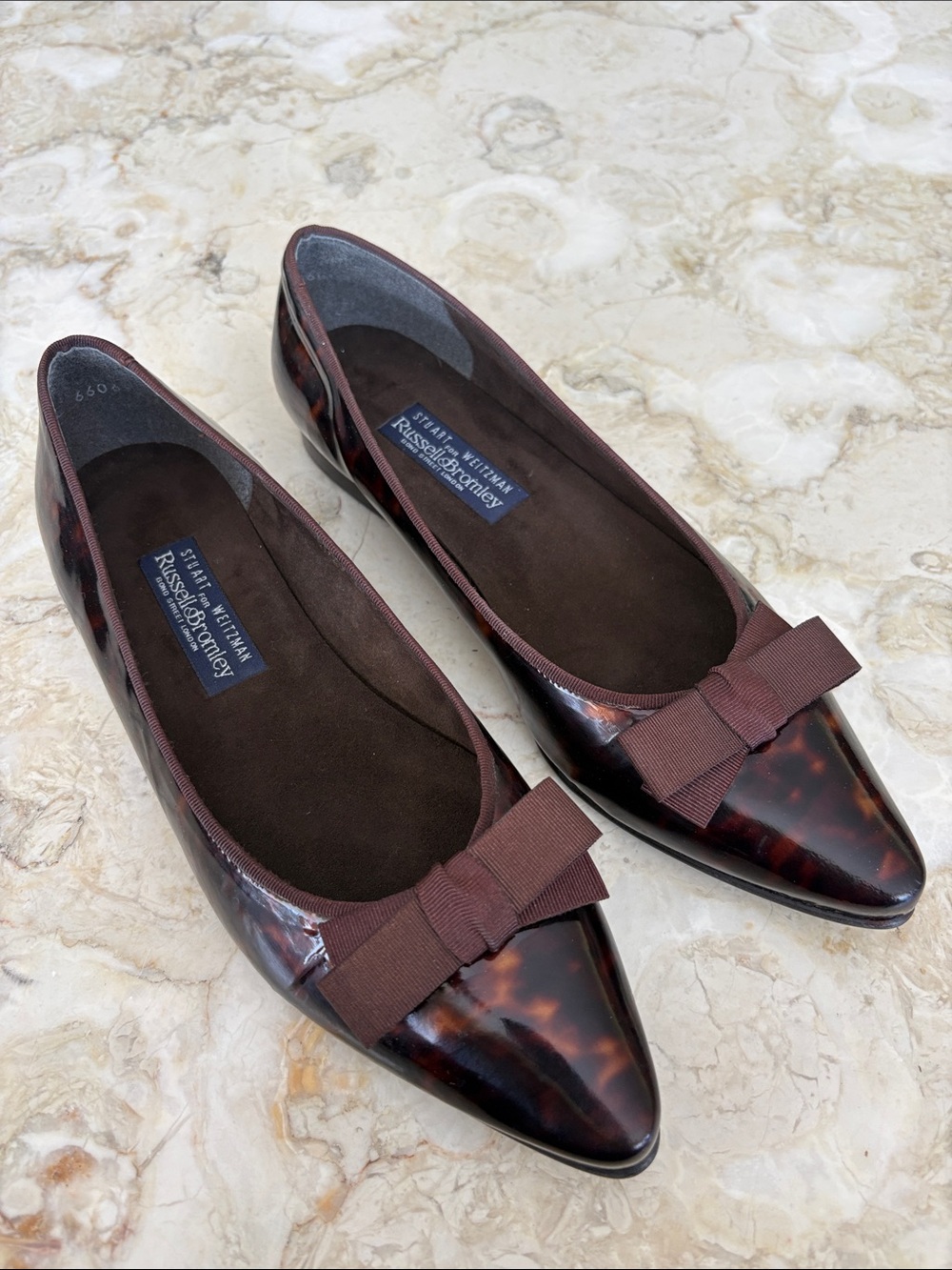 Stuart Weitzman Patent Leather Ballet Flats Tortoise Shell Bow Pointed Toe